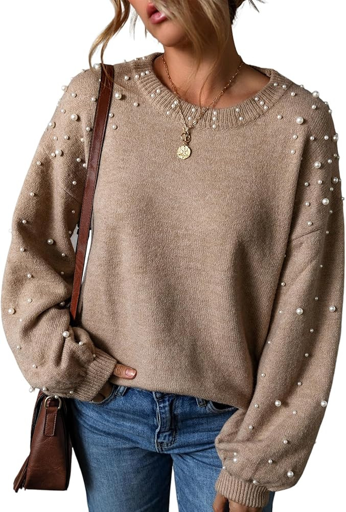 Pearl Sweater for Women Lantern Sleeve Drop Shoulder Crewneck Sweatshirt Knit Chunky Pullover Swe... | Amazon (US)