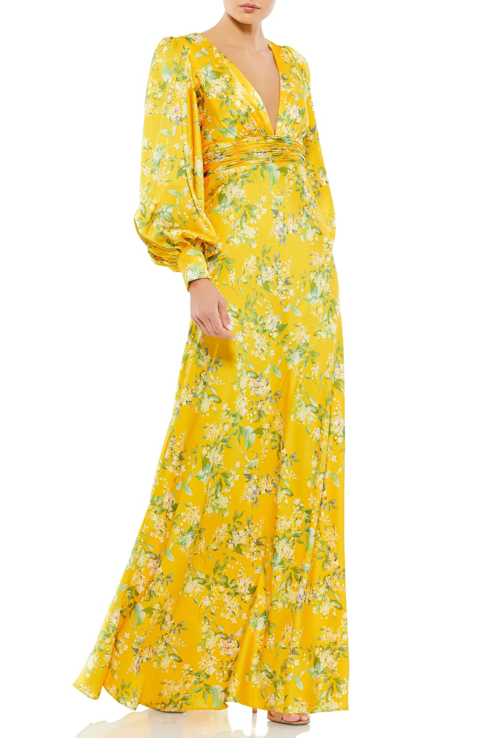 Ieena for Mac Duggal Floral V-Neck Long Sleeve Satin Gown | Nordstrom | Nordstrom