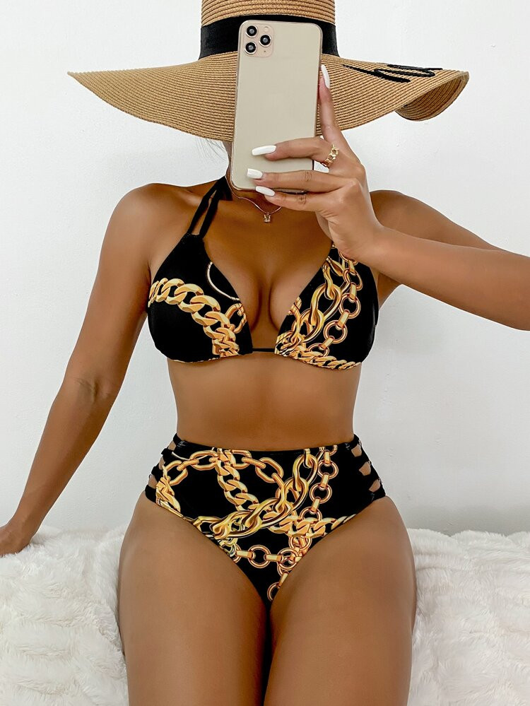 Random Chain Print Triangle High Waist Bikini Swimsuit | SHEIN