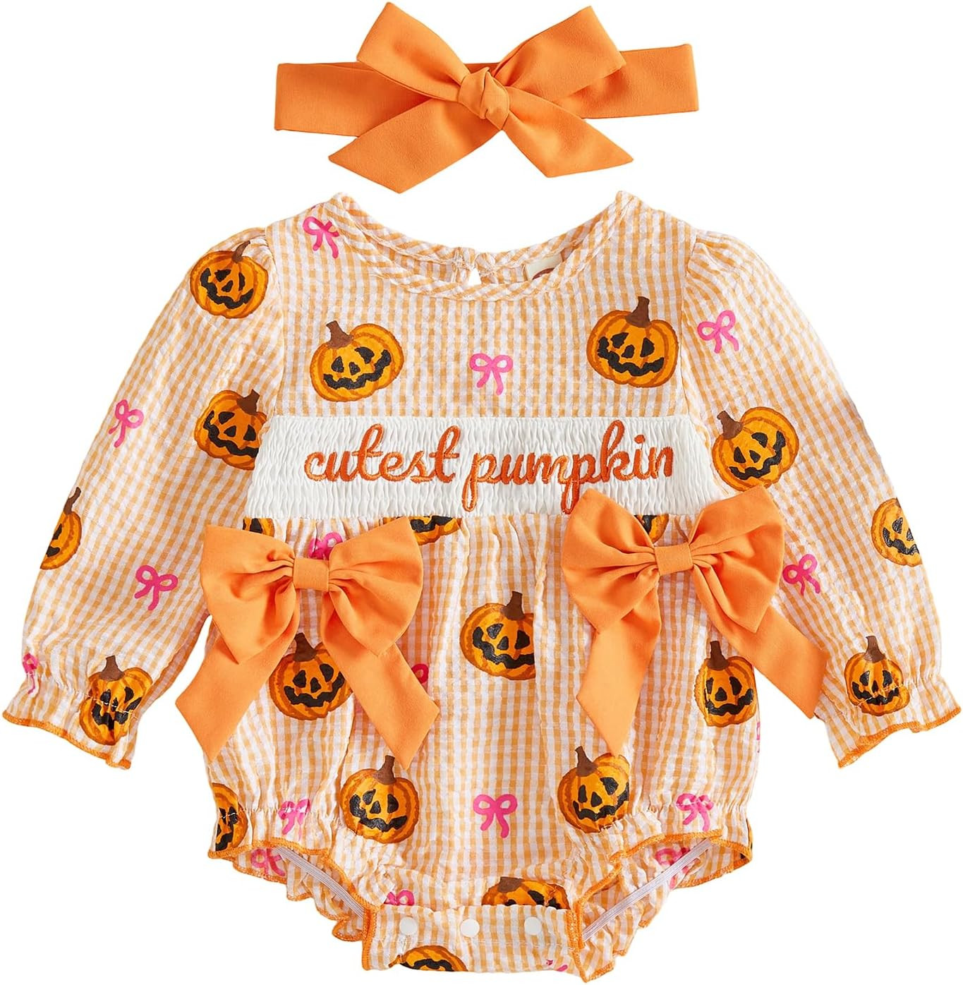 Baby Girl Halloween Outfit Long Sleeve Smocked Bubble Pumpkin Romper | Amazon (US)