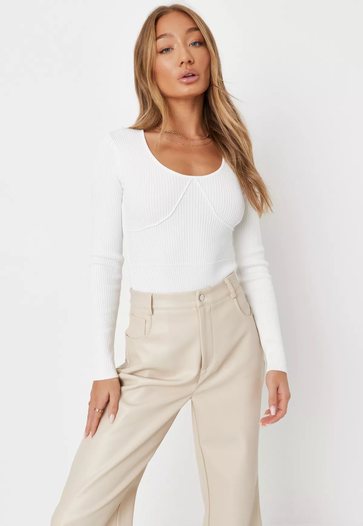 Missguided - Recycled White Cupped Scoop Neck Knit Bodysuit | Missguided (US & CA)