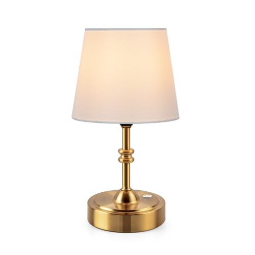 ONEWISH Small Cordless Lamp Dimmable-Battery Operated Table lamp, 4000mAh Rechargeable, Touch Bedside Lamp with White Fabric Shade, 2700K Bulb Included, for Dining, Patio, Bathroom(Gold) | Amazon (US)