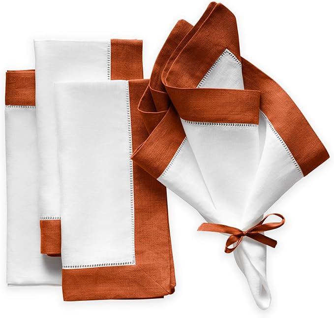 Linen Napkins 20 x 20 inch - 100% Pure Flax Linen White and Orange Dinner Napkins Set of 4 - Hems... | Amazon (US)