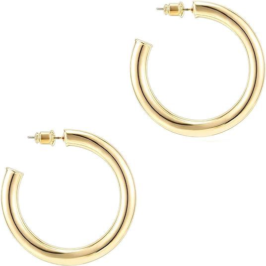 Amazon.com: PAVOI 14K Gold Colored Lightweight Chunky Open Hoops | Gold Hoop Earrings for Women: ... | Amazon (US)