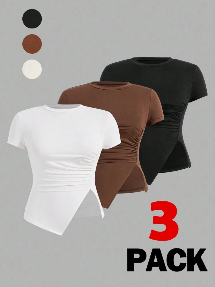 SHEIN Essnce Women's Plus Size Round Neck Pleated T-Shirt With Side Slit, 3pcs/Set | SHEIN
