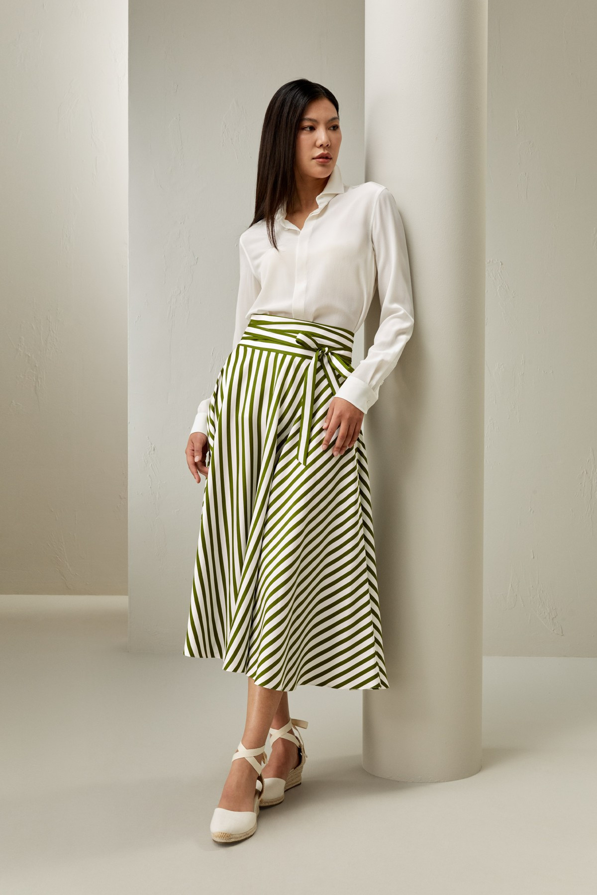LILYSILK Silk Midi Skirt - Ladies - Green-White Pinstripe Pure Silk - Fashionable Midi Skirt 0 | LILYSILK