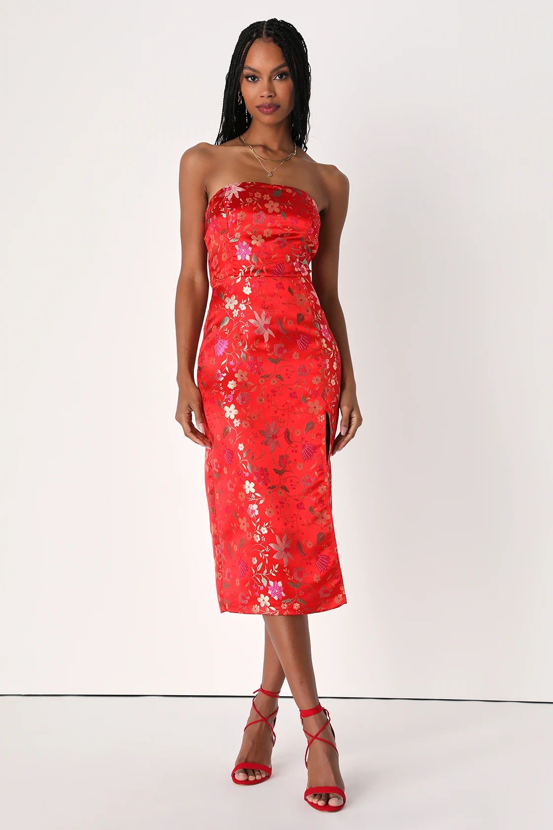 Make a Move Red Satin Floral Jacquard Strapless Midi Dress | Lulus (US)