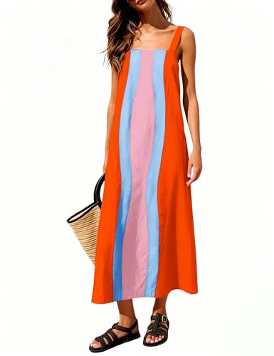 Ailoqing 2026 Women Boho Floral Dress Summer Casual Color Block Maxi Beach Vacation Overall Dress... | Amazon (US)