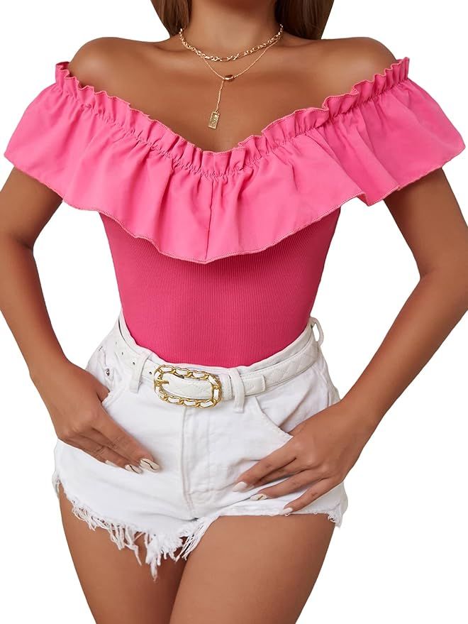 OYOANGLE Women's Flounce Sleeve Elegant Off Shoulder Ruffle Trim Crop Tee Casual T Shirt Top | Amazon (US)