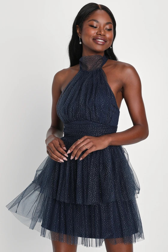 Sweet Magic Navy Blue Glitter Tiered Tulle Halter Mini Dress | Lulus