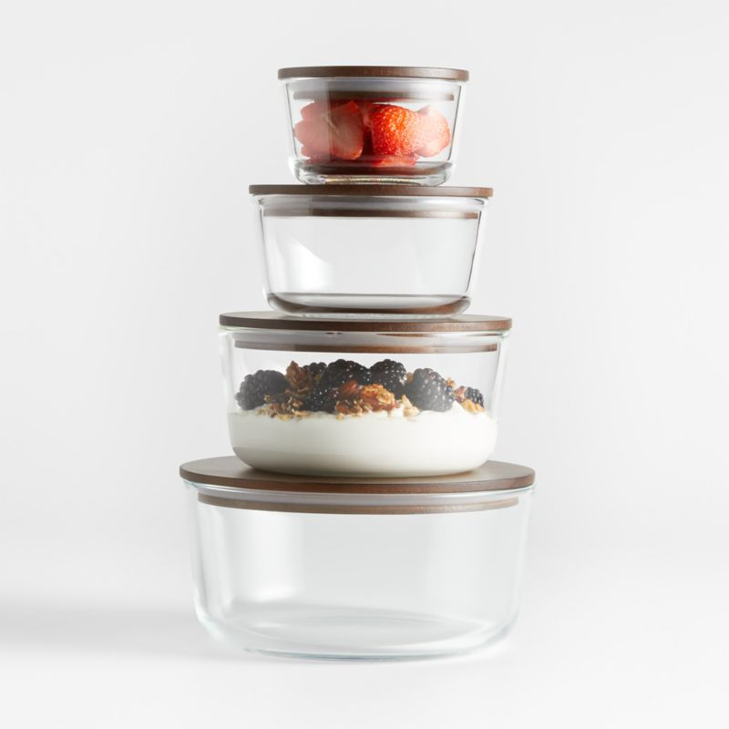Crate & Barrel 8-Piece Round Glass Storage Containers with Dark Wood Lids + Reviews | Crate & Bar... | Crate & Barrel