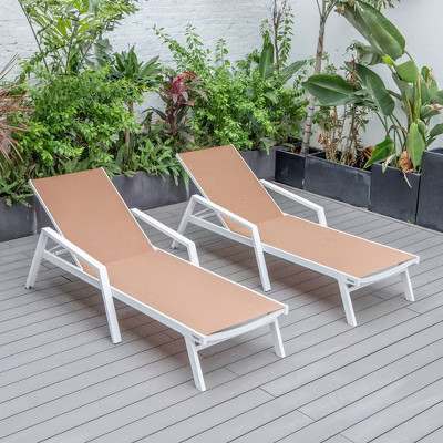 LeisureMod Marlin Patio Chaise Lounge Chair With Armrests in White Aluminum Frame Set of 2 in Light Brown | Target