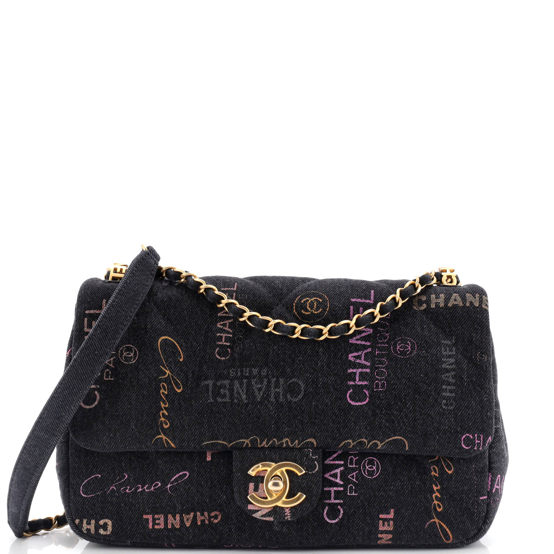 Denim Mood Flap Bag Logo Printed Quilted Denim Large | Shop Simon