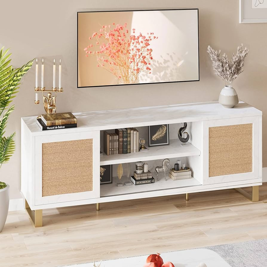 IDEALHOUSE Rattan TV Stand for 65 Inch TV, White Entertainment Center Modern TV Console Table, Lo... | Amazon (US)