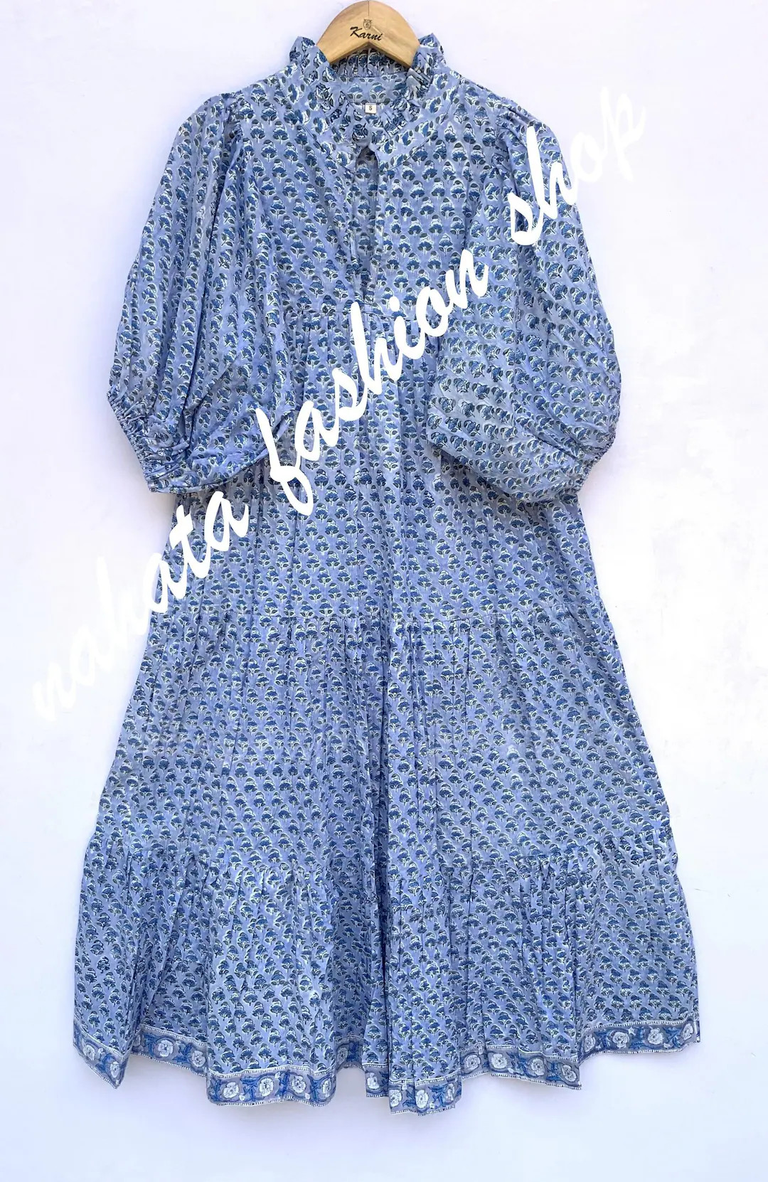 Cotton Blue Pattern Block Printed Women's Maxi Dress - Frill Collar With Belt Indian Maxi Dress -... | Etsy (Global)