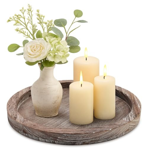 Round Decorative Wood Trays for Coffee Table Counter Farmhouse Kitchen Home Decor Centerpiece Small Wooden Candle Holder Tray Circular Serving Platter Circle Rustic Dining Table Bathroom Perfume Tray | Amazon (US)
