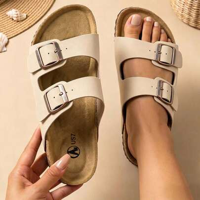 Women's Sandals With Adjustable Straps - Cork Footbed Comfort Slides For Summer Beach & Casual Wear | SHEIN