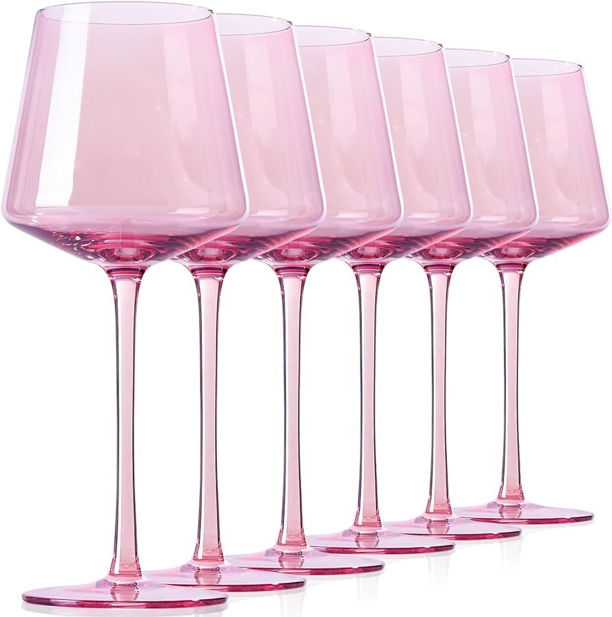 Physkoa Pink Wine Glass Set of 6,15Ounce Crystal Glass Pink Wine Glass with Long Stem and Thin Ri... | Amazon (US)