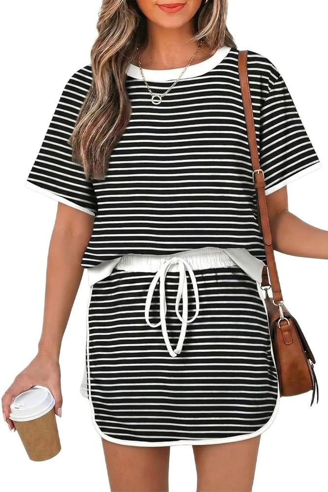 Opemiby Womens 2 Piece Skort Set 2026 Color Block Short Sleeve Top Drawstring Skort Matching Sets... | Amazon (US)
