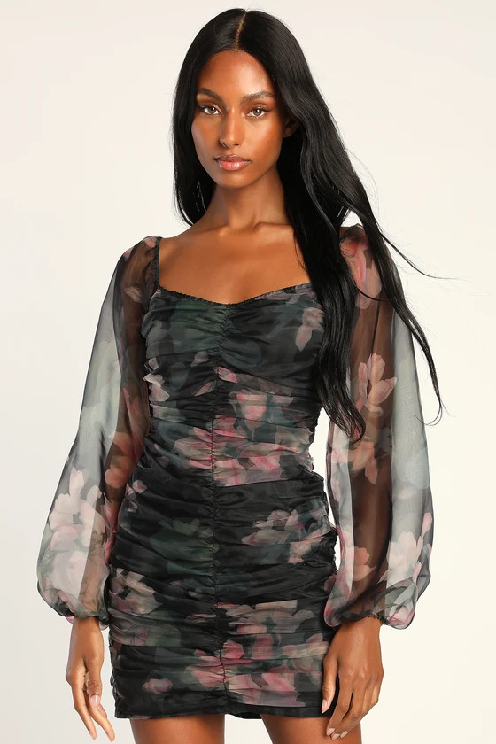 Midnight Mirage Black Floral Ruched Organza Bodycon Mini Dress | Lulus (US)