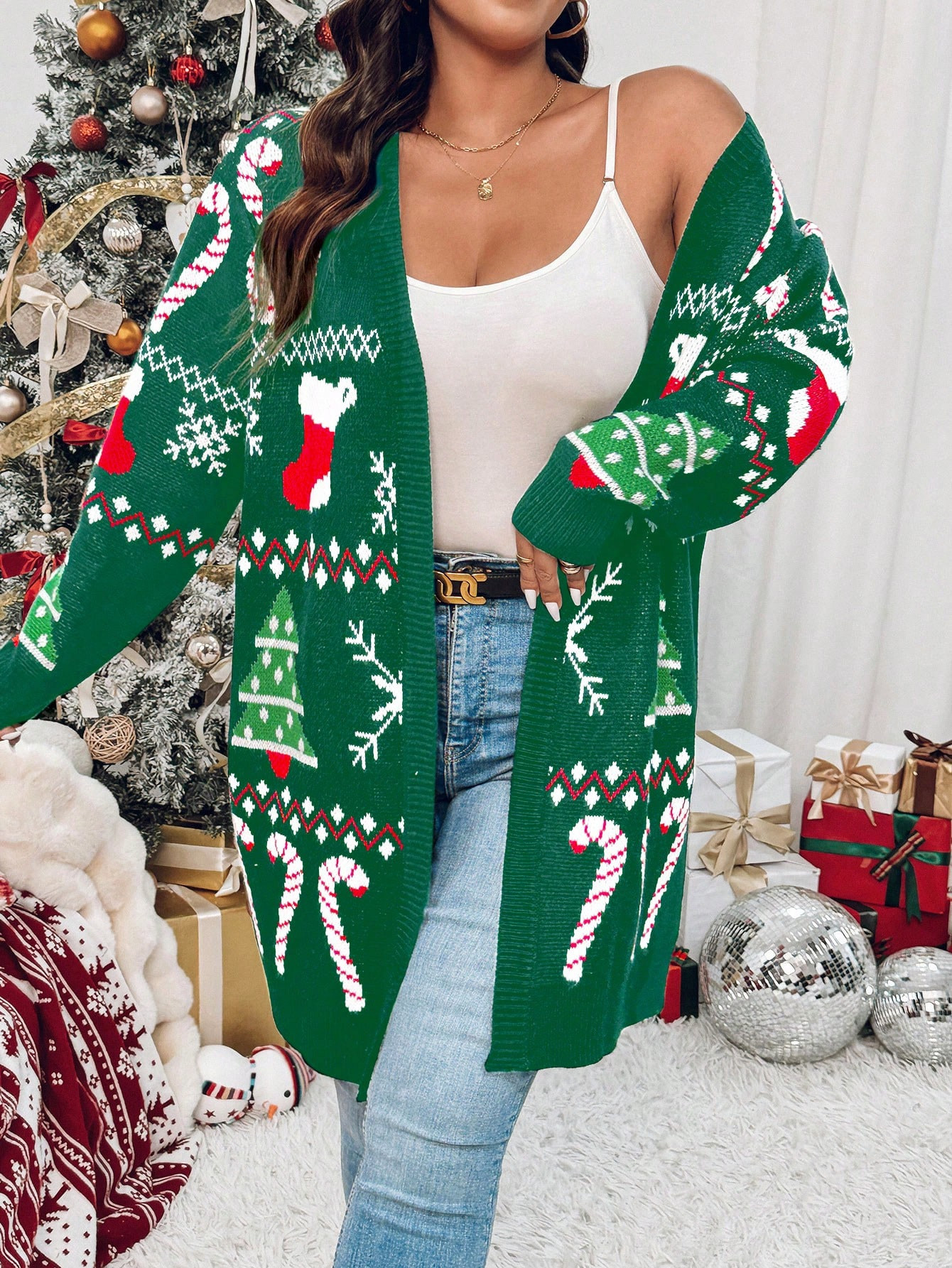 SHEIN Frenchy Plus Size Women's V-Neck Geometric Christmas Tree Jacquard Dropped Shoulder Long Sl... | SHEIN