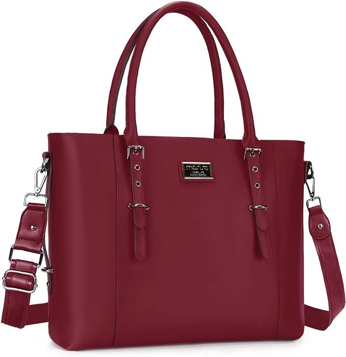 MOSISO PU Leather Laptop Tote Bag for Women (Up to 15.6 inch), Maroon Red | Amazon (US)