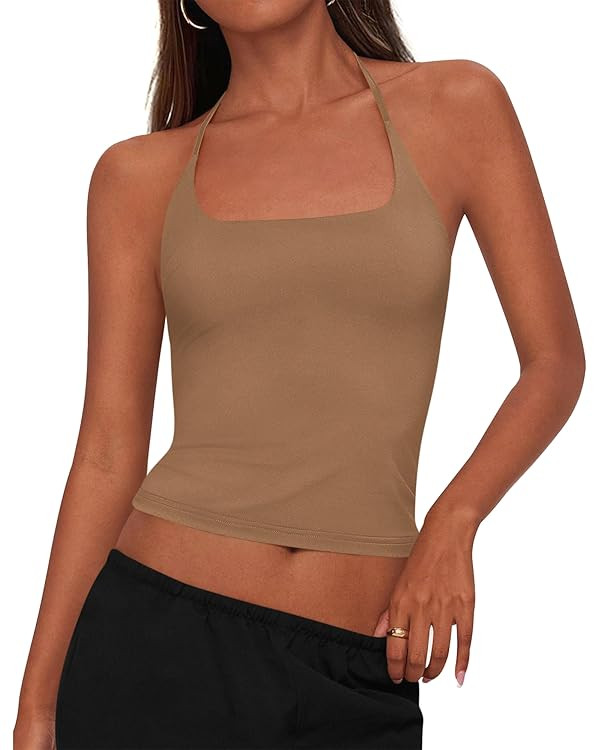 KIRUNDO Halter Tops for Women Adjustable Tie Back Square Neck Soft Fitted Camisole Sleeveless Goi... | Amazon (US)