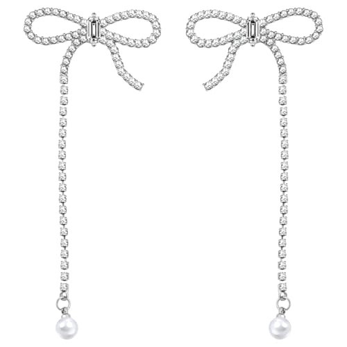 PLwelth Bow Rhinestones Drop Earrings for Women Cute Pearl Dangle Earring Sparkle Bow Silver Earrings Long Chain Tassel Wedding Earring for Bride Jewelry Gift for Her Birthday Christmas | Amazon (US)