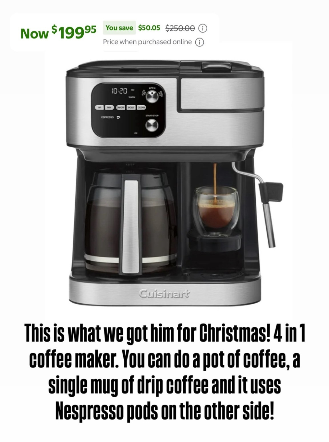 Four and one coffee maker makes drip coffee in a pot or a single serve in a mug. Also uses Nespresso pods to make espresso on the other side! Makes a great holiday gift for anyone on your list.



#LTKHome #LTKGiftGuide #LTKHoliday
