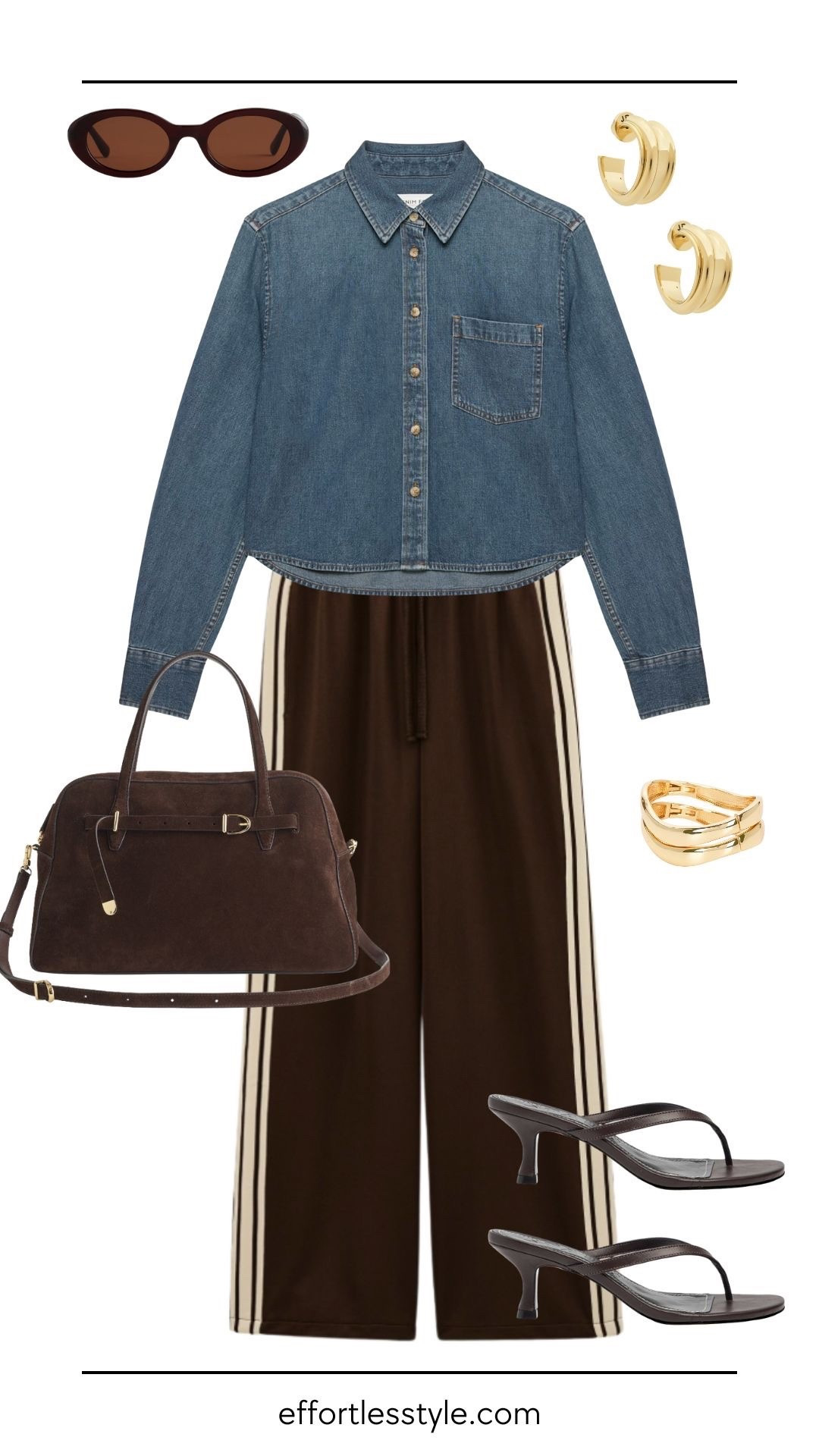 Track pants are having a major moment right now. I love how this vintage-inspired chocolate brown pair feels both sporty and elevated. Styled with a cropped denim top, chic sandals, and gold accessories, track pants can be just as versatile and polished as your favorite jeans.

#LTKOver40 #LTKBeauty #LTKStyleTip