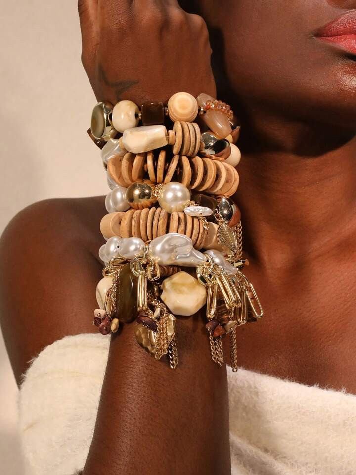 1pc Exaggerated Retro Earthy Tone Coffee Color Beaded Natural Coconut Shell Round Wooden Bead Bar... | SHEIN