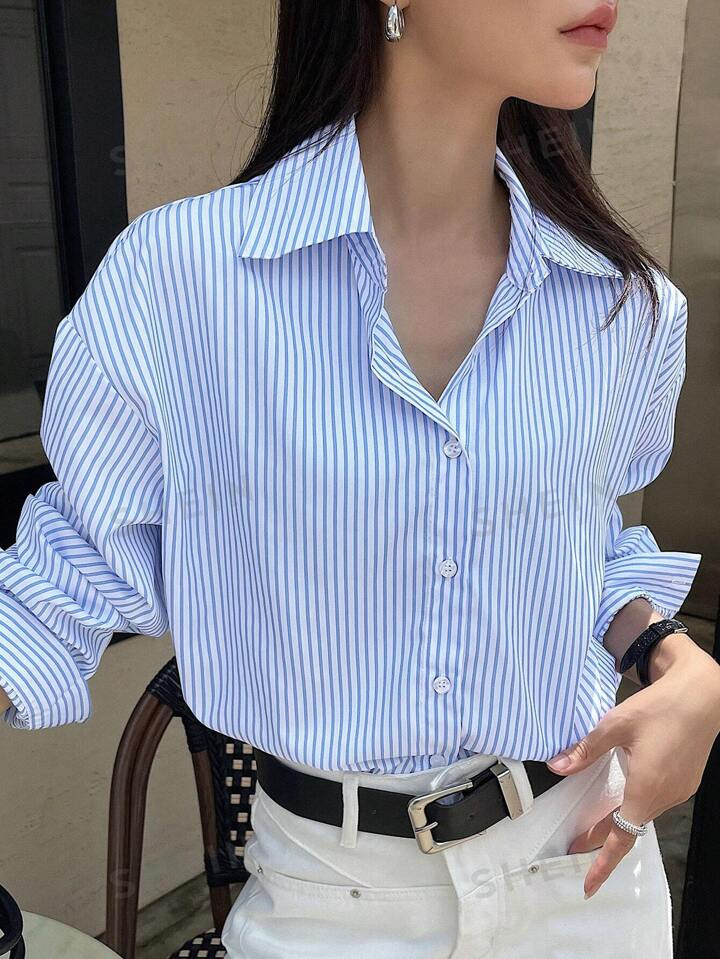 DAZY Women's Striped Print Minimalist Daily Long Sleeve Shirt | SHEIN USA | SHEIN