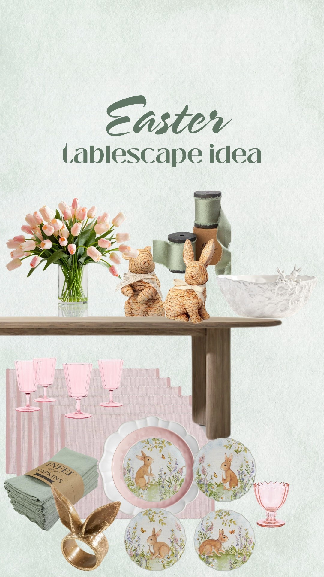 Easter tablescape idea✨ I love the green and pink!! Hosting ideas Easter family dinner table decor bunny 

#LTKSeasonal #LTKFamily #LTKHome
