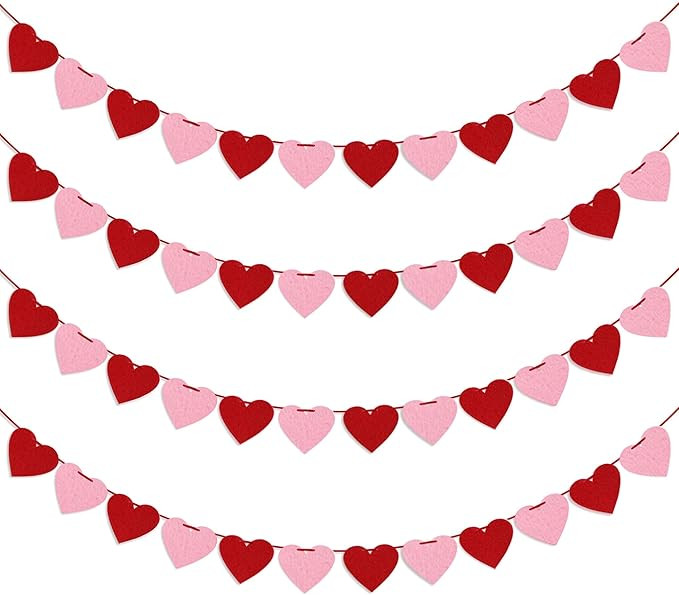 4 Pack Felt Heart Garland Banner, No DIY Valentine's Day Decorations Red Pink Hearts Hanging Bann... | Amazon (US)