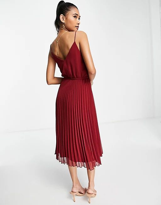 ASOS DESIGN button front pleated cami midi dress with drawstring waist in oxblood | ASOS (Global)