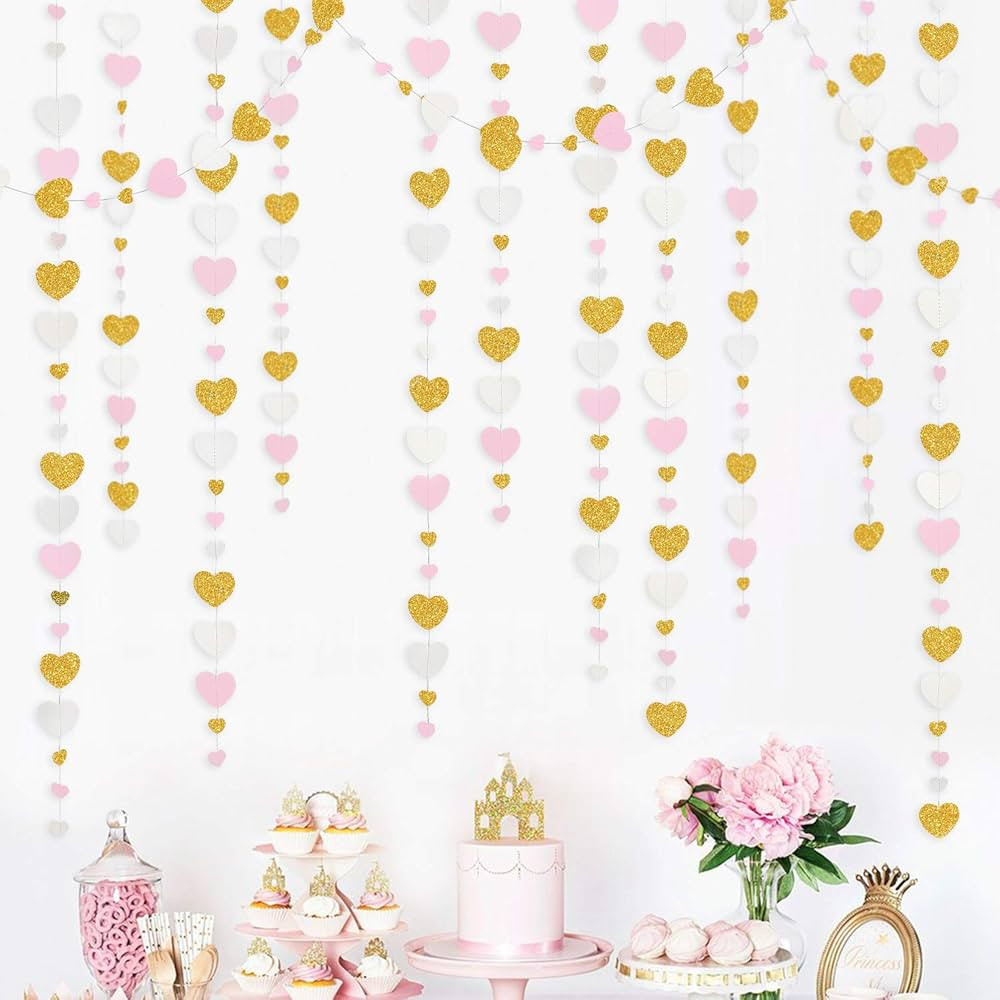 Valentines Day Party Decorations Pink and Gold White Love Heart Garland Hanging Paper Streamer fo... | Amazon (US)