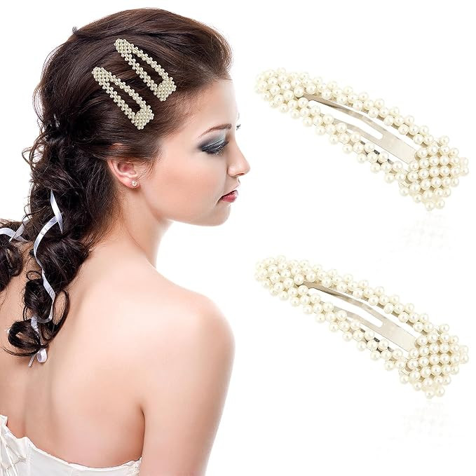Pearl Hair Barrette Elegant Pearl Hair Clips 2 Pcs Pearl Gold Large Snap Barrette Metal Alloy Hai... | Amazon (US)