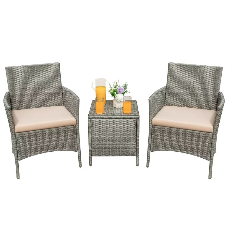 Devoko 3 Pieces Patio Conversation Set PE Rattan Wicker Chairs Outdoor Furniture Set, Gray/Beige | Walmart (US)