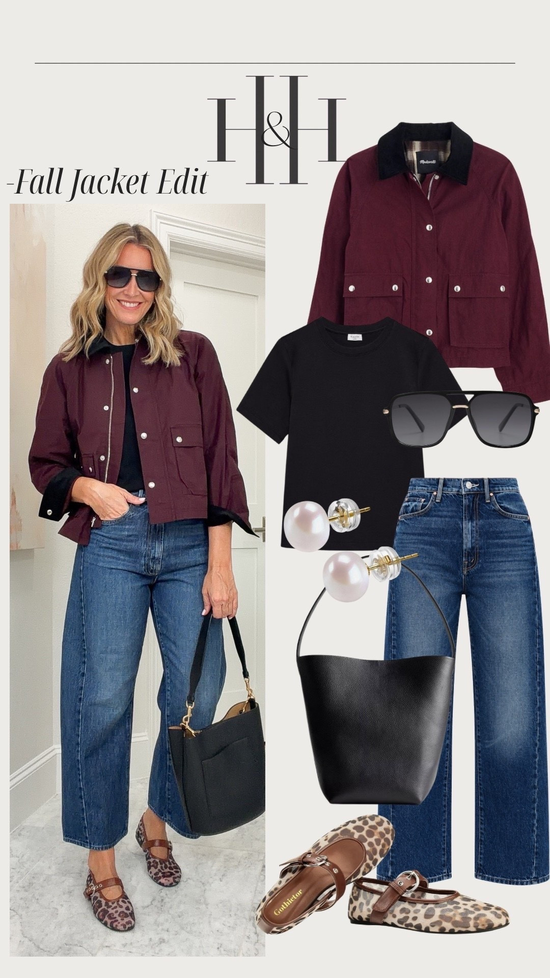 This burgundy utility jacket is one of my favorite fall layers! The black contrast collar, cropped fit and rich wine color make it so good with a basic black tee and jeans. I added leopard Mary Jane flats for a little print, but it would look just as good with boots or sneakers.
burgundy utility jacket, fall jackets for women, cropped fall jacket, burgundy fall outfit, black collar jacket, leopard Mary Jane flats, casual fall outfit, wide leg jeans, fall layering ideas, jacket and jeans outfit, fall fashion over 40, HauteandHumid