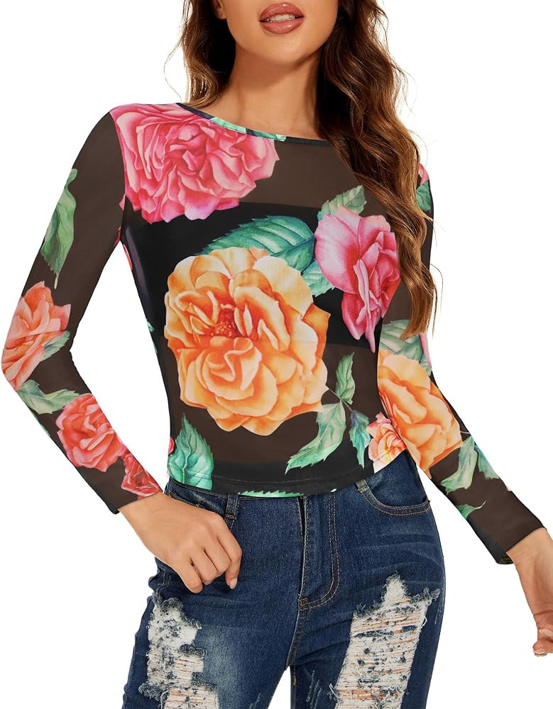 Women's Mesh Tops See Through Shirts Long Sleeve Bodycon Sheer Blouse Clubwear | Amazon (US)