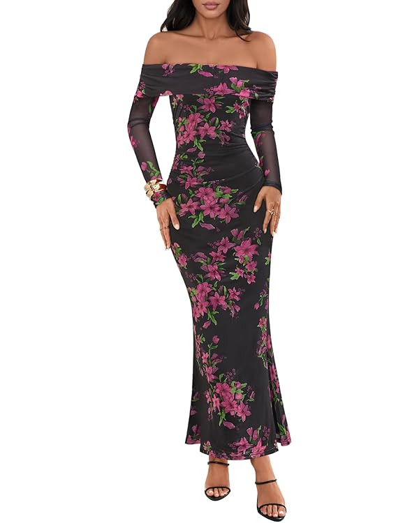 MEROKEETY Women's Fall Off Shoulder Floral Maxi Dresses Formal Long Sleeve Bodycon Cocktail Weddi... | Amazon (US)