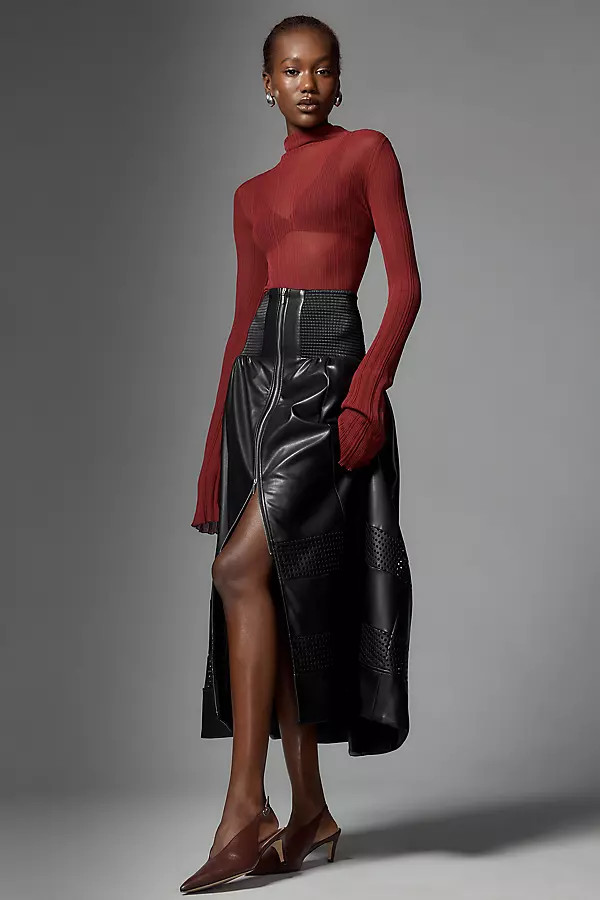 The Tommie Faux Leather Laser-Cut Zip-Front Midi Skirt | Anthropologie (US)