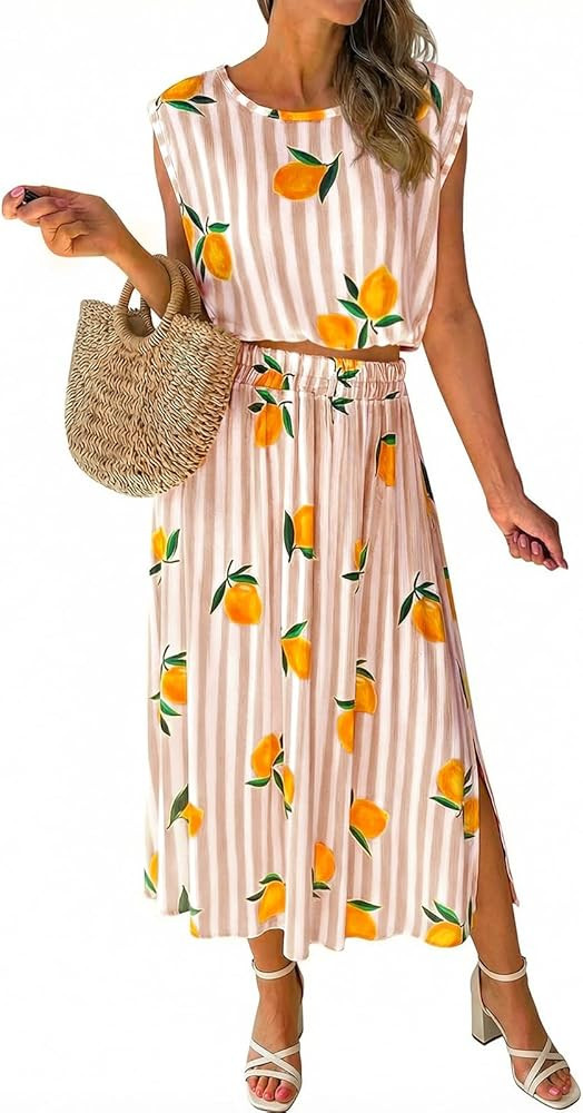 Tankaneo Womens Striped 2 Piece Skirt Sets Summer Lemon Print Sleeveless Tank Tops Maxi Dress Bea... | Amazon (US)