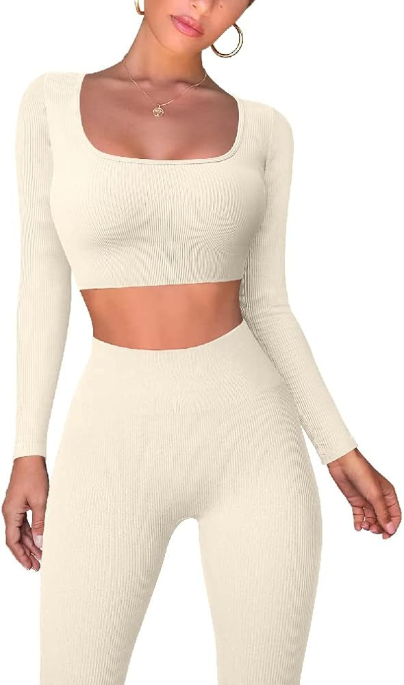 OQQ Workout Outfits for Women 2 Piece Ribbed Exercise Long Sleeve Tops High Waist Leggings Active... | Amazon (US)