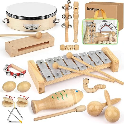 Kids Musical Instruments,100% Natural Wooden Music Percussion Toy Sets, 23 Pcs Tambourine Xylopho... | Amazon (US)