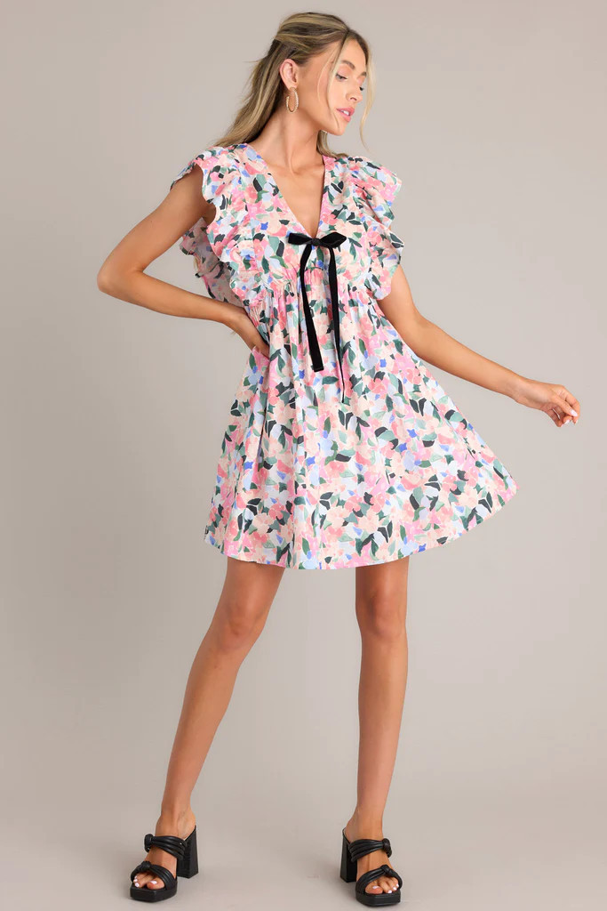 Meadow Dreams Pink Multi Floral Flutter Sleeve Mini Dress | Red Dress