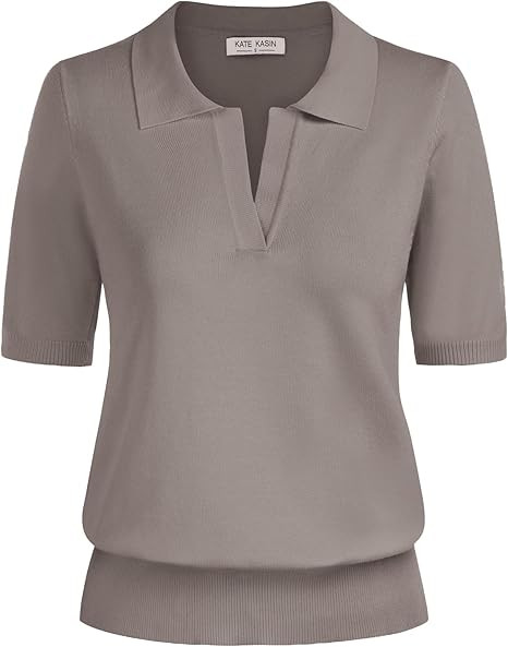 Kate Kasin Women Short Sleeve Polo Sweater V Neck Knitted Tops Casual Ribbed Shirt Loose Pullover... | Amazon (US)