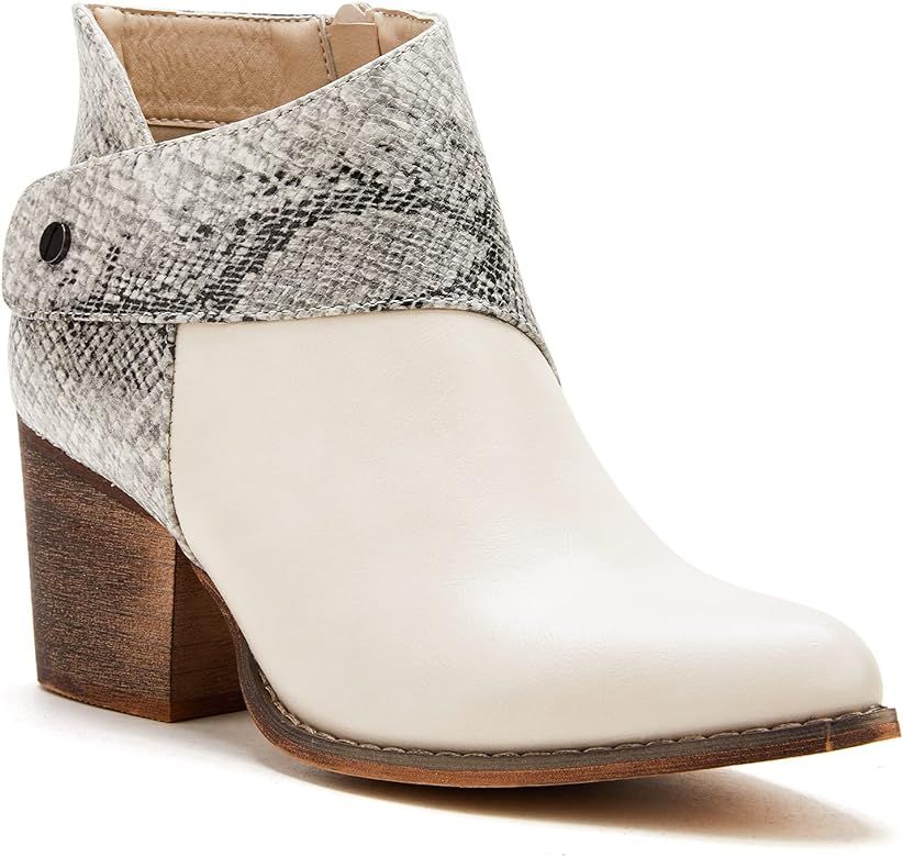 TINSTREE Women Chelsea Pump Ankle Boots Pointed Toe Snakeskin Leather Chunky Stacked Mid Heel Bootie | Amazon (US)