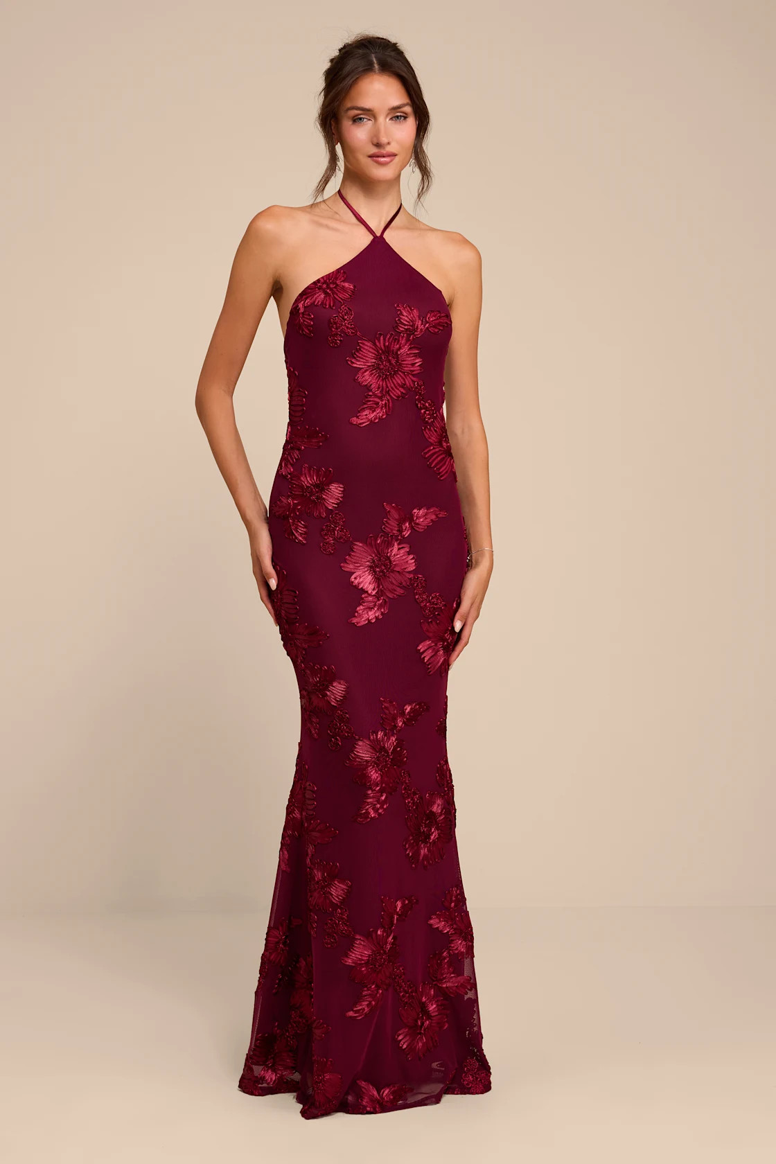 Celyna Burgundy Mesh Floral Applique Maxi Dress | Lulus
