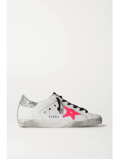 Golden Goose - Superstar Distressed Glittered Leather And Canvas Sneakers - White | NET-A-PORTER (US)